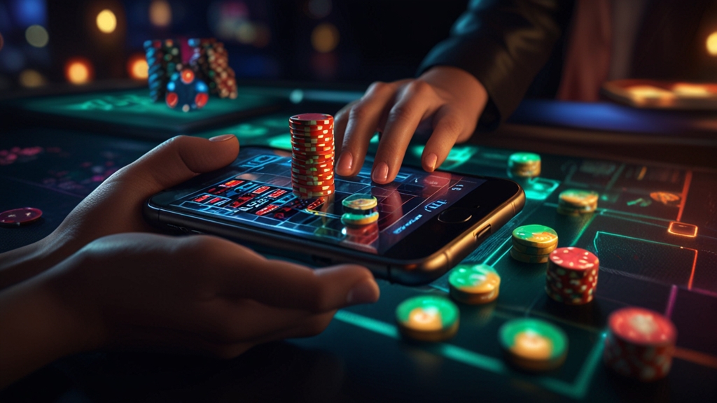 Smartphone showing a mobile casino lobby in a dark neon-lit setting