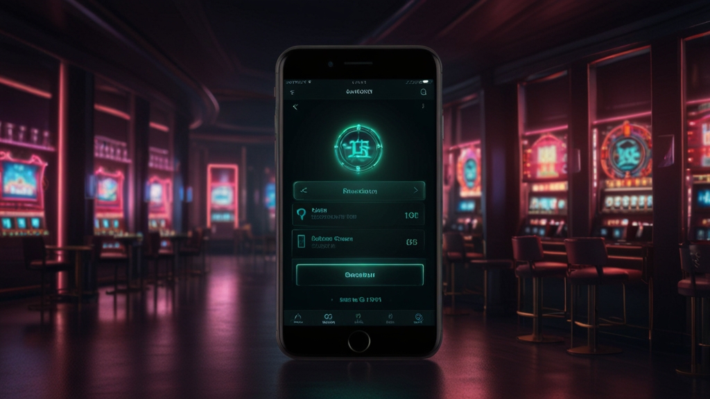 Smartphone login and registration screen in a neon casino setting