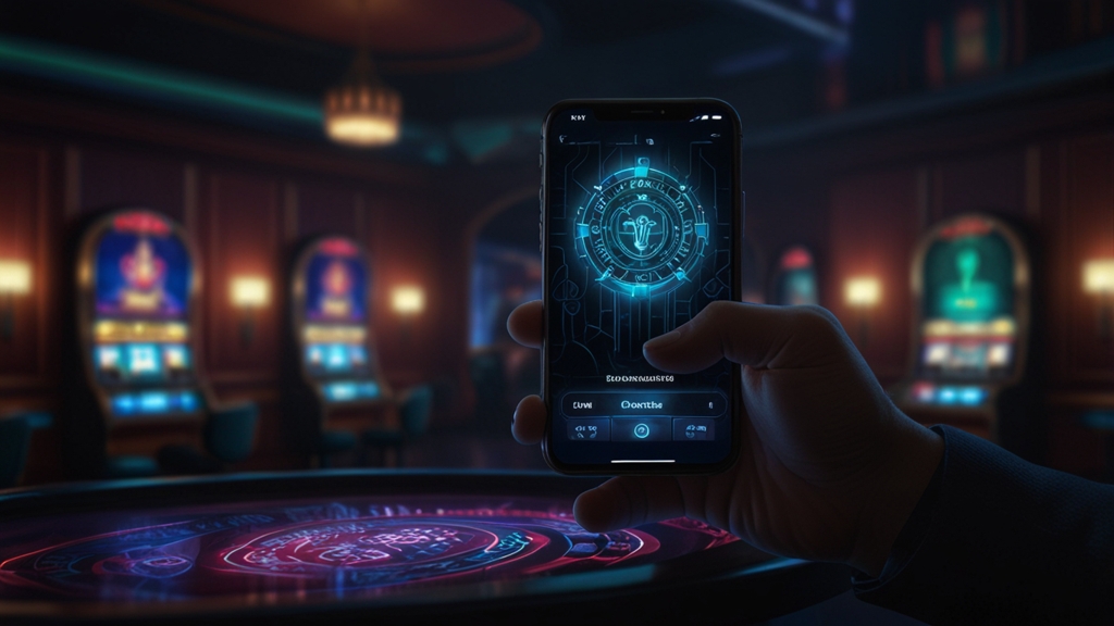Smartphone displaying a casino login app in a dark neon-lit room